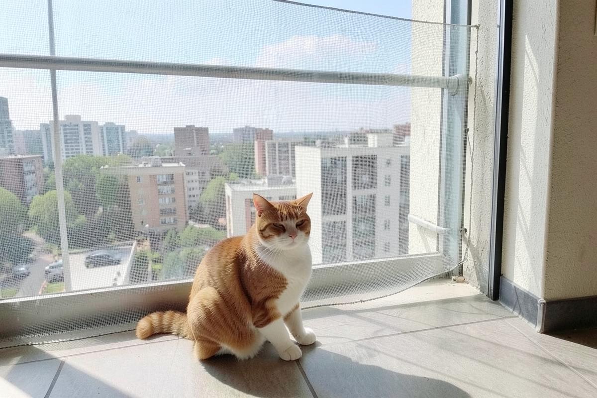 Cat resting on a balcony behind a pet safety net